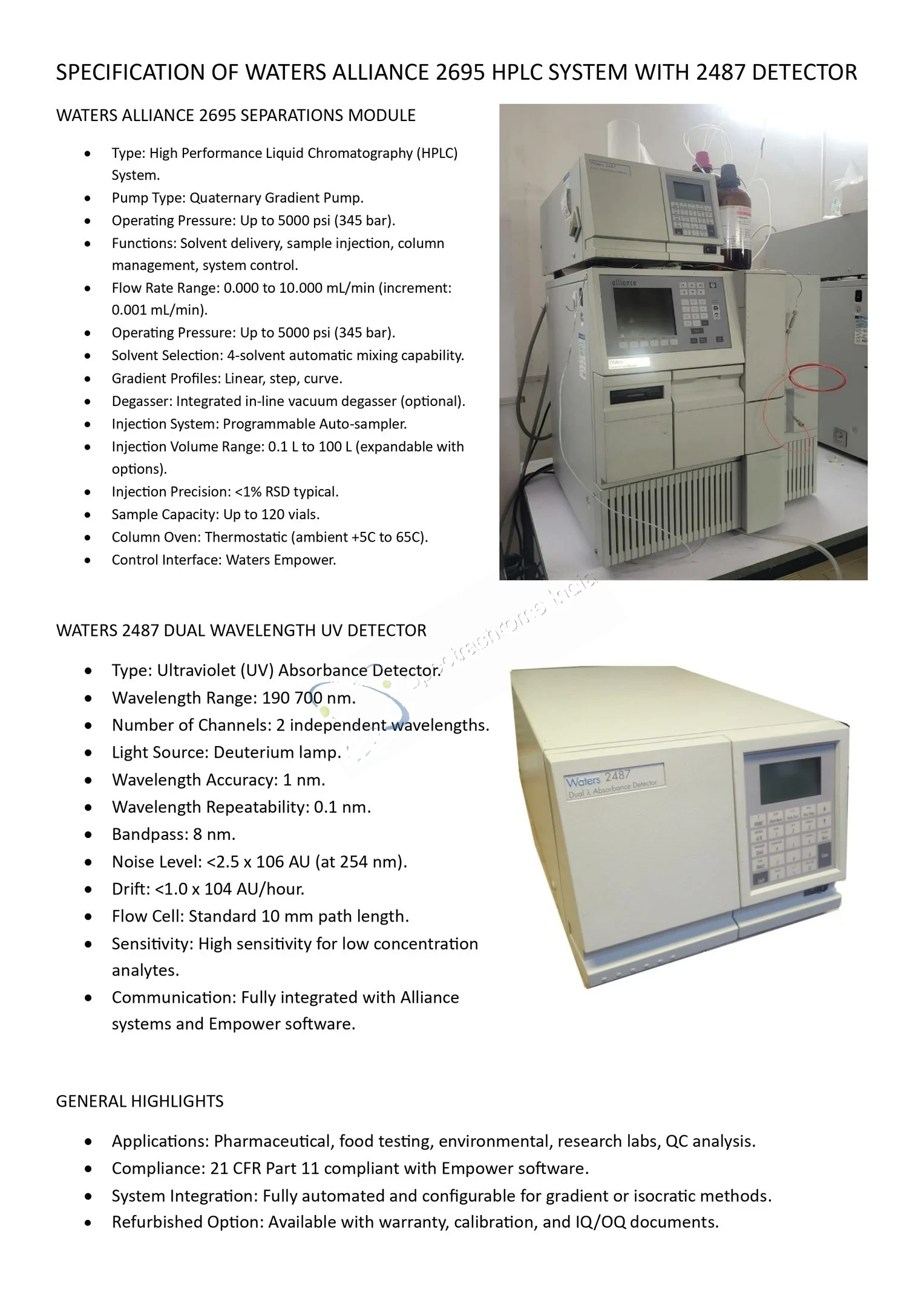 Refurbished Waters® 2695 Alliance HPLC System